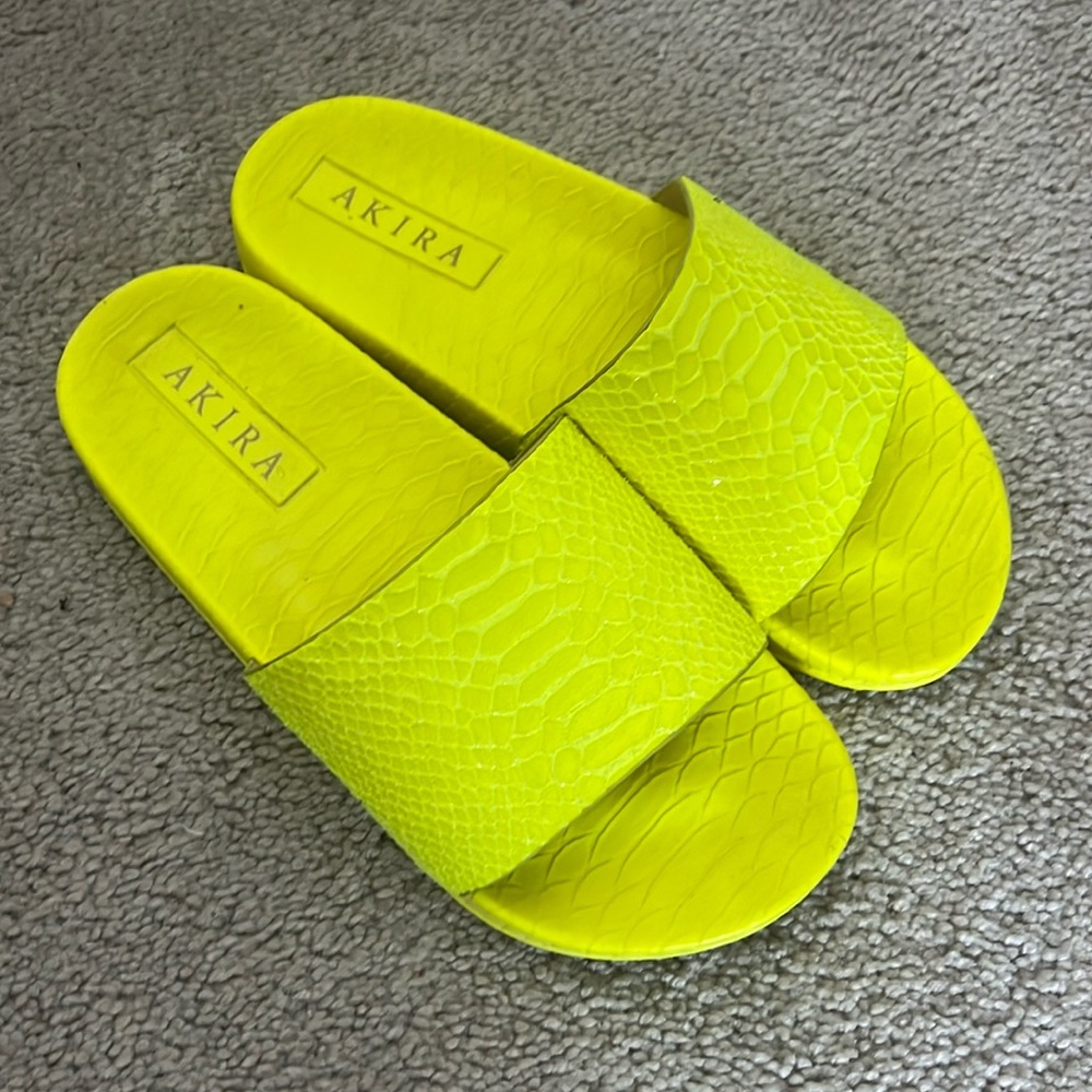 Neon yellow Akira snake skin slides - woman’s size 7